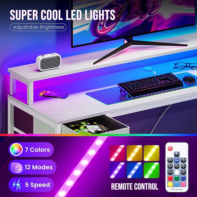 DUMOS 53” Gaming Desk with USB Charging Ports & LED Lights, Reversible L Shaped Desks Computer Corner Gamer Table with Power Outlets Monitor Stand Storage Shelves for Home Office Small Space, White