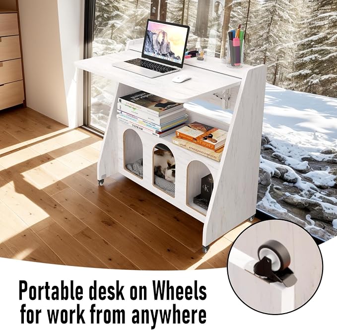 Pmnianhua Farmhouse Portable Desk on Wheels,Mobile Workstation,Rolling Computer Desk with Wheels and Storage for Home Office Small Space(White)