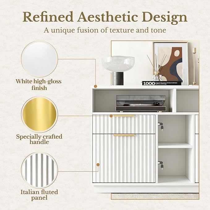 4 Drawer File Cabinet, Fluted Wood Lateral Filing Cabinet with Lock and Charging Station for Home Office, Printer Stand with Open Storage Shelves, Fits A4, Letter Size Files, White