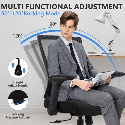 CLATINA Big and Tall Office Chair Heavy Duty Ergonomic Desk Chair 500lbs with Flip-up Arms & Wide Thick Seat Cushion Home Executive Swivel Mesh Chair for Study, Conference, Black, 16 PK