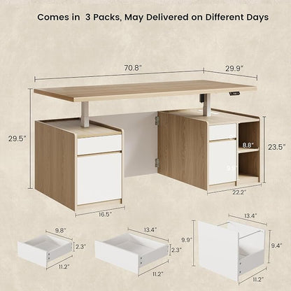 ModernMate Furniture Set, 70.8'' Executive Standing Desk with 71'' Tall Bookcase, AC/USB, File Cabinet, Double-Sided Narrow Display Shelves, Home Office Wood Storage Furniture, Light Walnut