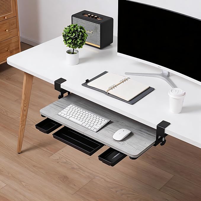 Keyboard Tray Under Desk with Drawer,26.77" X 11.81" Keyboard Tray Large Size with C Clamp-on Mount, Easy to Install, Save Space for Office Desk (Grey)