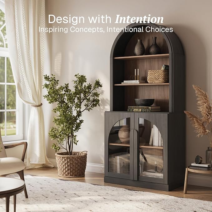 BELLEZE 71" Tall Storage Cabinet with Glass Door, Sideboard Buffet Cabinet with Adjustable Shelves for Pantry and Kitchen Organizing, 5-Tier Modern Storage Unit for Living Room Home Office, Ebony