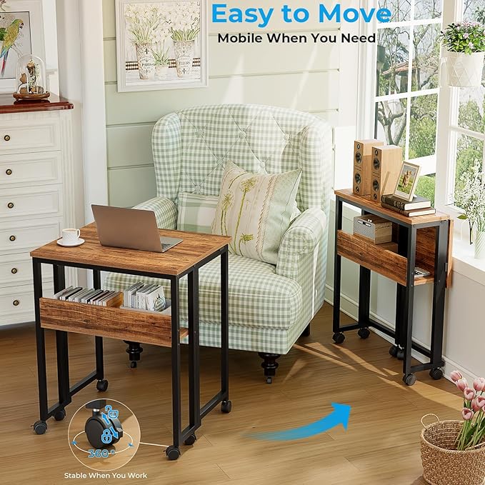 GreenForest Folding Desk with Wheels, 24.8 Inch Compact Rolling Computer Table with Storage Shelf, Portable Mobile Workstation for Small Spaces, Easy Assembly,Walnut
