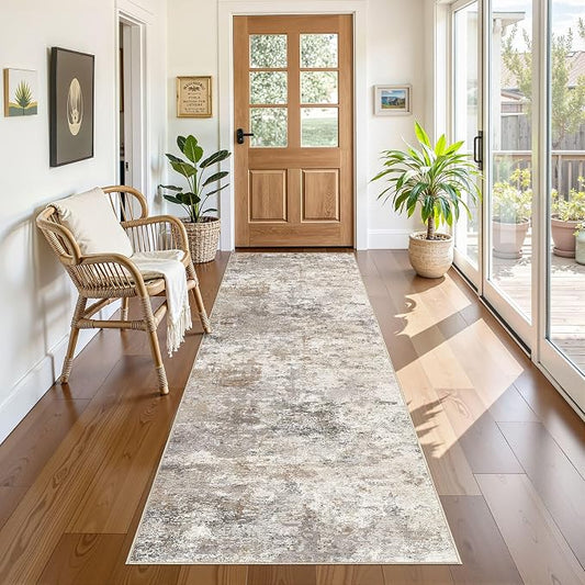 UERMEI 3x8 Washable Runner Rug for Hallway, Non Slip Low Pile Kitchen Carpet, Neutral Modern Abstract Indoor Floor Mat for Entryway Laundry, Kid & Pet Safe High Traffic Area, Brown Grey
