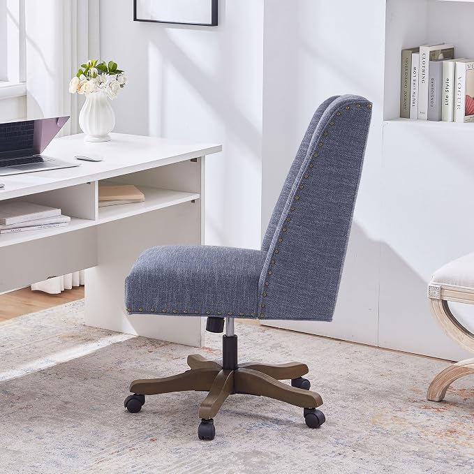 Zihanhome Armless Home Office Chair with Wooden Legs, Modern Adjustable Upholstered Office Desk Chair No Arms Computer Chair Swivel Chair for Home Office Study Studio (Blue)