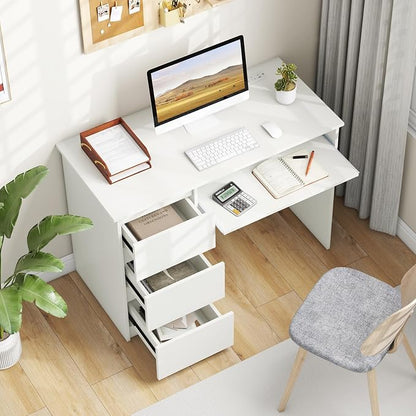 Giantex White Desk with Drawers, Modern Computer Desk with Charging Station & Keyboard Tray, Laptop PC Computer Workstation, Study Writing Desk for Bedroom