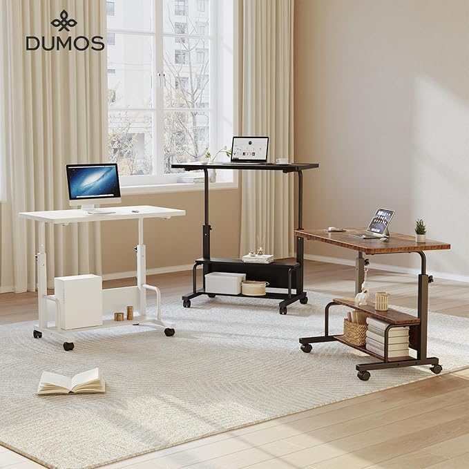 DUMOS 31.5" Mobile Rolling Desk with 2-Tier Storage Shelves, Height Adjustable Computer Desks on Wheels, Portable Rolling Laptop Table for Small Spaces & Home Office, Rustic Brown