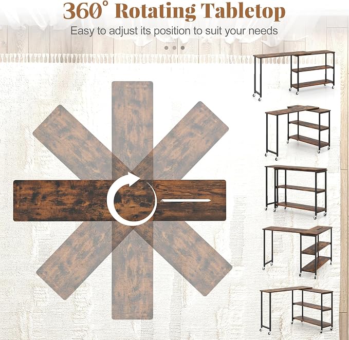 Tangkula Large 360° Free Rotating Sofa Side Table, Patented Mobile Couch Desk with 2-Tier Storage Shelves, Movable Laptop Desk with Sturdy Metal Frame, Extendable Couch Snack Table for Home Office