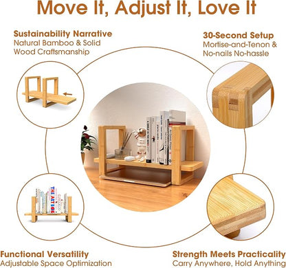 Small Adjustable Desk Bookshelf Organizer – Open Bookend Shelf Flexible to Fit as Much or as Little with Slide-in Joints | Portable, Reversible for Class, Dorm, Home Office | Bamboo