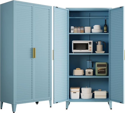 61" Tall Metal Pantry Cabinet with Lock and 3 Adjustable Shelves,Freestanding Heavy Duty steel Storage Locker,Blue Metal Cabinets for Kitchen,Living Room,Laundry,Garage,61" H X 27.6" W X 13.8" D