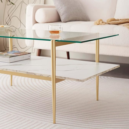 LumFurn Rectangle Coffee Table for Living Room, Mid-Century Modern Design, L41 x W21 x H17, 2-Tier Structure, Clear Glass Top and White Marble Finish Wood Shelf, Conical Legs with Gold Finish