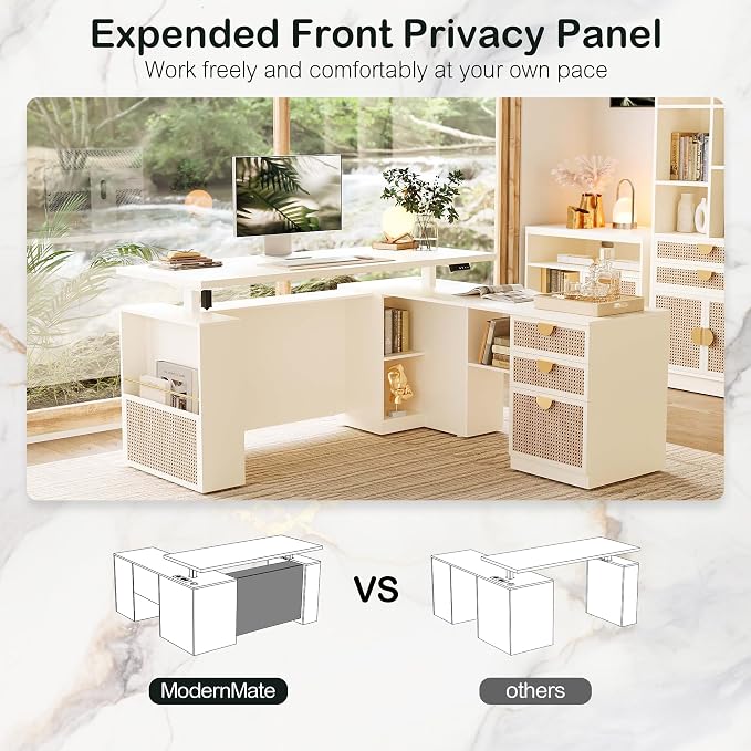 ModernMate 63" Standing Desk with File Cabinet, Privacy Panel, AC/USB, 1.18" Desktop, Executive L Shaped Height Adjustable Desk, Electric Stand Up Table with 3 Drawers, White Rattan