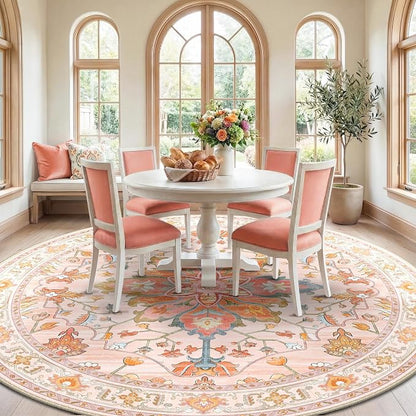 RELEANY Area Rugs Round 8ft Washable Non-Slip, Floral Vintage Distress Medallion Carpet for Living Room Bedroom Dining Room, Light Pink Colorful