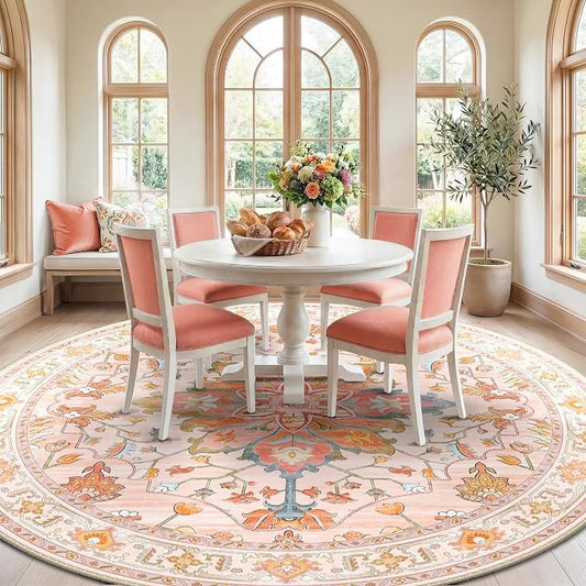 RELEANY Area Rugs Round 8ft Washable Non-Slip, Floral Vintage Distress Medallion Carpet for Living Room Bedroom Dining Room, Light Pink Colorful