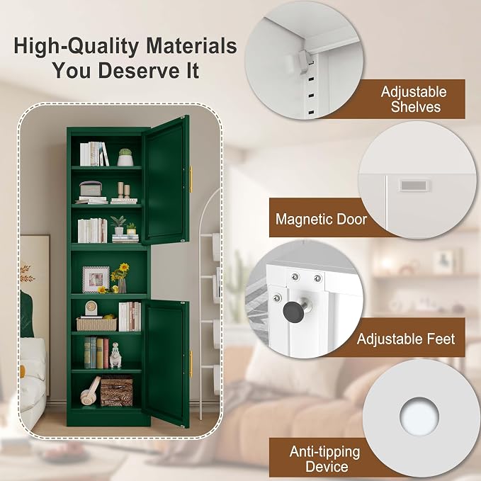 pozdeg 67" Tall Narrow Storage Cabinet, Metal Bathroom Cabinet with 2 Doors & 4 Adjustable Shelves, Freestanding Slim Pantry Organizer for Bathroom Kitchen Living Room (Green)