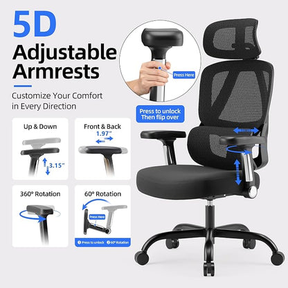 Ergonomic Office Chair, Mesh Back Desk Chair with Cushioned Seat, 3D Adjustable Headrest, 5D Armrests, 2-Level Lumbar Support, 135° Reclining High Back Computer Chair for Home Office