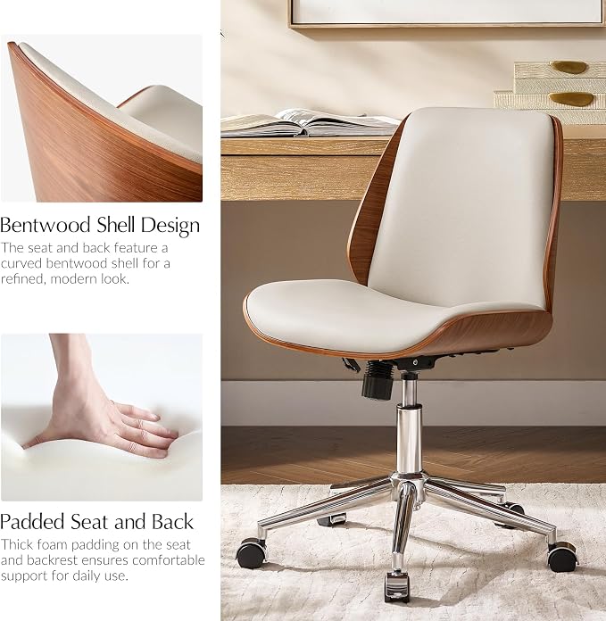 HULALA HOME Faux Leather Home Office Chair with Bent Wood Design & Rocking Tilt Function, Modern Swivel Desk Chair with Adjustable Height, Comfy Upholstered Armless Computer Task Chair, Ivory