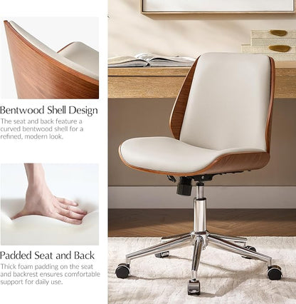 HULALA HOME Faux Leather Home Office Chair with Bent Wood Design & Rocking Tilt Function, Modern Swivel Desk Chair with Adjustable Height, Comfy Upholstered Armless Computer Task Chair, Ivory