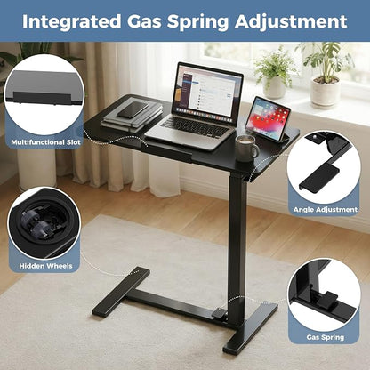 DUMOS Standing Desk on Wheels Height Adjustable Computer Cart with Pneumatic Lift, Rolling Table, Portable Workstation for Bed, Sofa, Hospital or Office Black