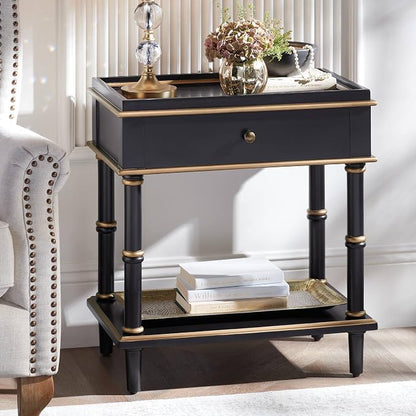Cason Modern Glam Luxe Wood Rectangular Accent Side End Table 15" x 24" with Drawer and Shelf Black Gold Trim Handle for Living Room Bedroom Bedside Entryway Home House Office