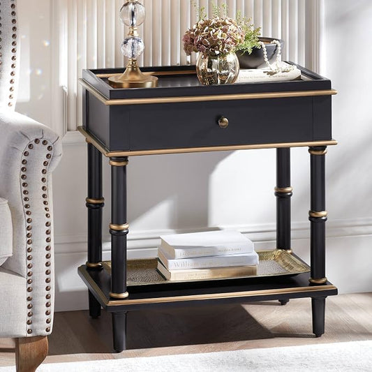 Cason Modern Glam Luxe Wood Rectangular Accent Side End Table 15" x 24" with Drawer and Shelf Black Gold Trim Handle for Living Room Bedroom Bedside Entryway Home House Office