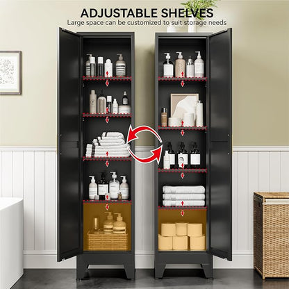 COFaR 67" Slim Bathroom Storage Cabinet, Black Metal Storage Cabinet with Magnetic Door & 4 Adjustable Shelves, Slim Freestanding Cupboard for Office, Kitchen, Bathroom