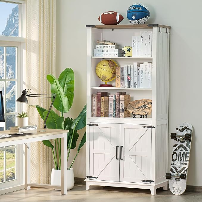 Joaxswe 5 Tier Bookshelf 70in Tall Bookcase with Barn Doors and Storage Cabinet, White Farmhouse Book Shelf with Adjustable Shelves, Wood Freestanding Display Bookshelves for Bedroom, Kitchen (2PCS)