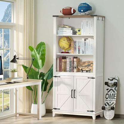 Joaxswe 5 Tier Bookshelf 70in Tall Bookcase with Barn Doors and Storage Cabinet, White Farmhouse Book Shelf with Adjustable Shelves, Wood Freestanding Display Bookshelves for Bedroom, Kitchen (2PCS)