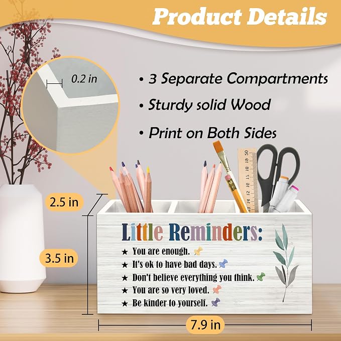 Little Reminders Inspirational Pen Holder Organizer for Desk Accessories, Positive Gifts, Mental Health Motivational Wooden Box Sign Desk Decorations for Home Bedroom Office Decor