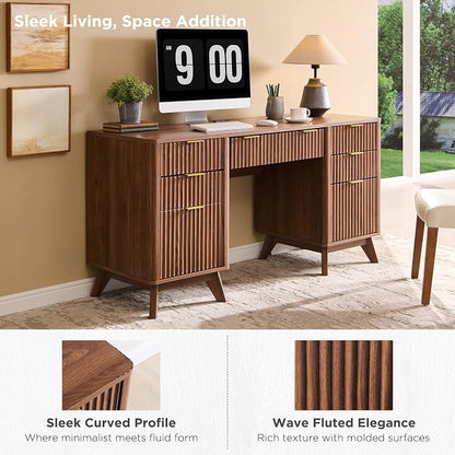 T4TREAM Fluted Executive Desk with Drawers, 60" Modern Home Office Computer Desk with Charging Station, File Cabinet, Keyboard Tray and Storage Cabinet for Study, Living Room, Bedroom, Light Walnut