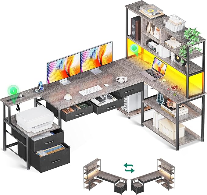 AODK 79 inch L Shaped Desk with 5 Drawers, Reversible L Shaped Gaming Desk with LED Light & 2 Power Outlets, Computer Desk with Storage Shelves for Home Office, Grey Oak