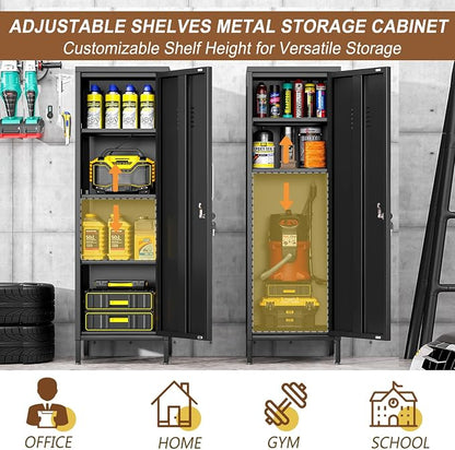 pozdeg 47.24" Metal Storage Locker with Lockable, Employees Metal Steel Locker with 1 Door ＆ 3 Adjustable Shelves, Small Locker Storage Cabinets for Home, School, Office, Gym (Black)