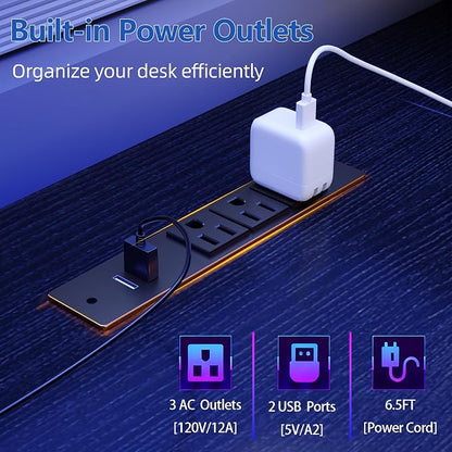 Furologee 51" Gaming Desk with Power Outlets & LED Lights, Reversible Computer Desk with File Cabinet & Monitor Stand for Home Office, Large Work Table with Storage Shelves & Drawer, Black