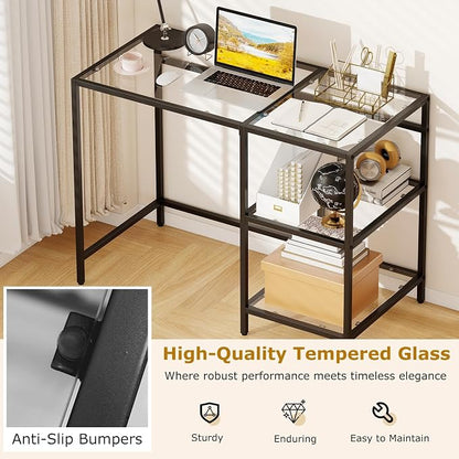 GOFLAME Computer Desk with Shelves, 42” Home Office Desk with Metal Frame, Tempered Glass Study Writing Table, Modern Simple PC Desk for Living Room Bedroom (Black)