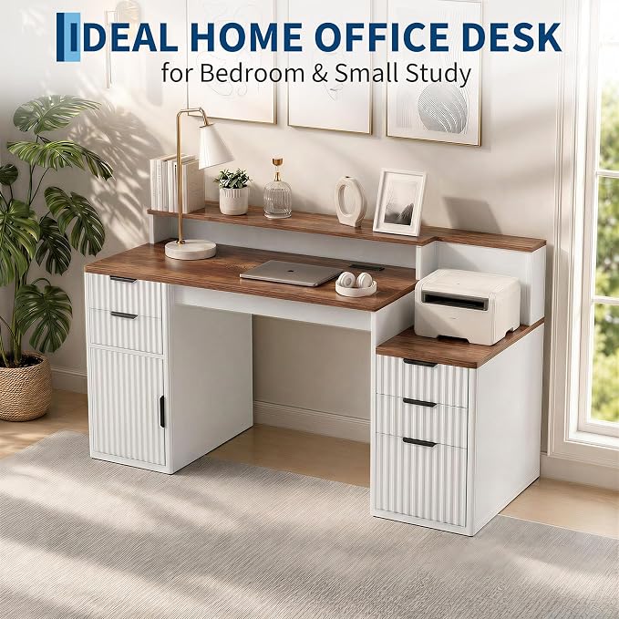 IDEALHOUSE Rectangular Computer Desk with Hutch & Printer Stand, Ripple Door Storage Home Office Desk, Space-Saving Study Writing Desk for Bedroom, Sturdy Board Student Desk with Easy Assembly