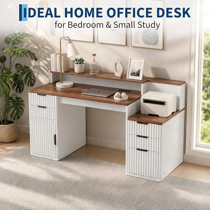 IDEALHOUSE Rectangular Computer Desk with Hutch & Printer Stand, Ripple Door Storage Home Office Desk, Space-Saving Study Writing Desk for Bedroom, Sturdy Board Student Desk with Easy Assembly