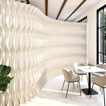 Accordion Kraft Paper Room Divider, 3D Diamond Wave Privacy Screen, Modern Freestanding Folding Partition, No Drill & Portable for Home Office Studio Salon White
