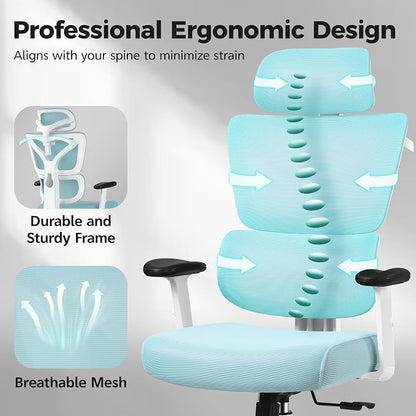 Ergonomic Office Chair High Back Desk Chair with Lumbar Support, Breathable Mesh Computer Chair with Adjustable Armrests Height, Reclining Swivel Big and Tall Gaming Chair for Home Office(Light Blue)