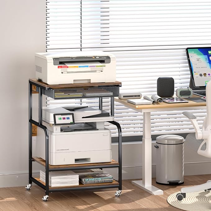 Large Printer Stand with Storage Shelf, Industrial Rolling Printer Cart Holder with Lockable Wheels, 5-Adjustable Heights, 3D Scanner Fax Printer Table for Home Office Use