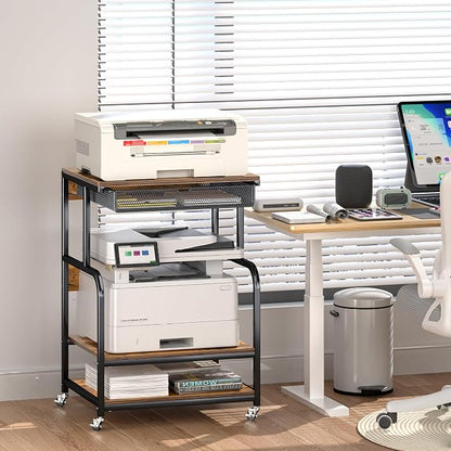 Large Printer Stand with Storage Shelf, Industrial Rolling Printer Cart Holder with Lockable Wheels, 5-Adjustable Heights, 3D Scanner Fax Printer Table for Home Office Use