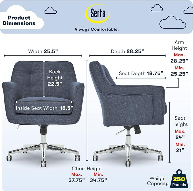 Serta Ashland Home Office Desk Chair with Button Tufted Mid-Back, Memory Foam Cushion and Padded Arms, Mid Century Modern Vanity Armchair with Wheels for Bedroom, Chrome Metal Base, Blue