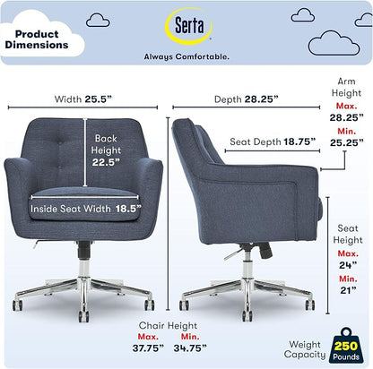 Serta Ashland Home Office Desk Chair with Button Tufted Mid-Back, Memory Foam Cushion and Padded Arms, Mid Century Modern Vanity Armchair with Wheels for Bedroom, Chrome Metal Base, Blue
