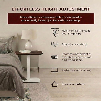 Elevance Height Adjustable Side Table, White Base, Walnut Top | Sofa Laptop Table for Couch & Bed | Small C-Shape End Table for Home or Office
