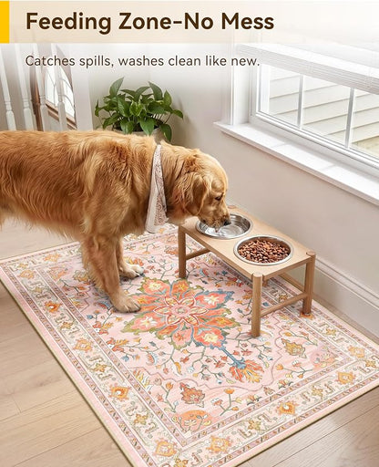 RELEANY Area Rugs Small 2'x3' Washable Non-Slip, Floral Vintage Distress Medallion Carpet for Kitchen Entryway Bathroom, Light Pink Colorful