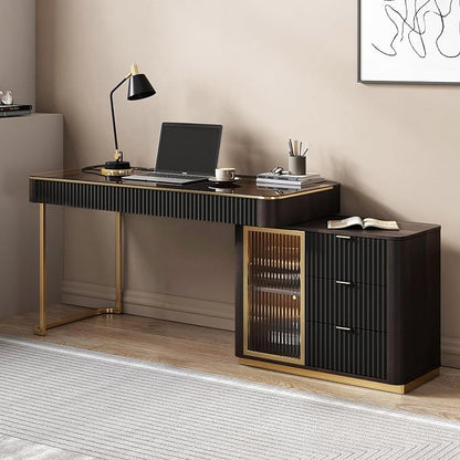 Lartis Office Desk, Very Easy to Assemble, Computer Desk, Home Telescopic Writing Desk, Modern Computer Desk with Retractable Cabinet Built-in LED Lights (Black Brown, 50 in)
