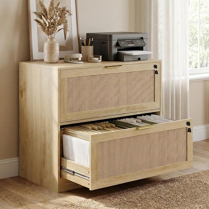 HOPUBUY 2 Drawer File Cabinet with Lock, Printer Stand Lateral Filing Cabinets for Home Office and School, Wood Rattan File Cabinet for Hanging Files/Letter/Legal/A4/F4 Size, Natural Wood