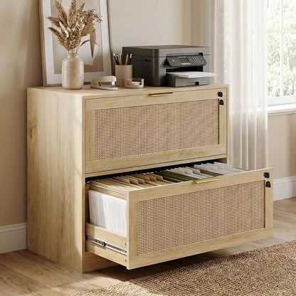 HOPUBUY 2 Drawer File Cabinet with Lock Set of 2, Printer Stand Lateral Filing Cabinets for Home Office and School, Wood Rattan File Cabinet for Hanging Files/Letter/Legal/A4/F4 Size, Natural Wood