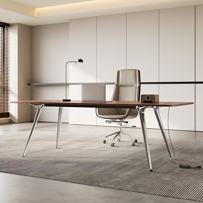 60-Inch Executive Desk, Modern Desk for Home Office, Wooden Study Writing Work Table with Power Outlets and USB-C Port, Large Legroom, Sturdy Metal Frame, Mid-Century Modern Simple, Walnut Brown
