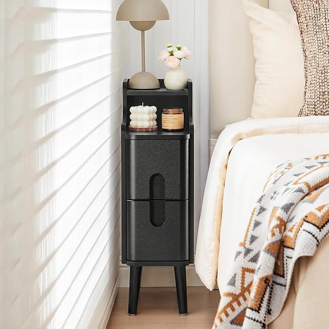 Black Narrow Nightstand, Wood 2 Drawer Small Nightstand, Slim Side Table, Modern Skinny End Bedside Table, Wood Night Stand with Drawers for Bedroom (Black-1 pc)